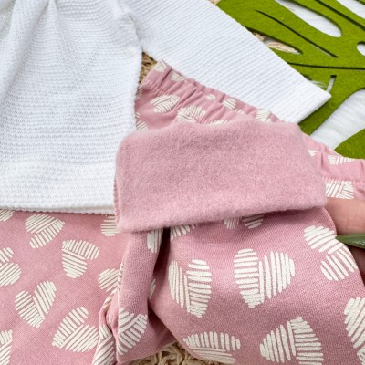 Conj. Batinha com Gola de Borboletas e Calça Legging Corações- Off White e Rose